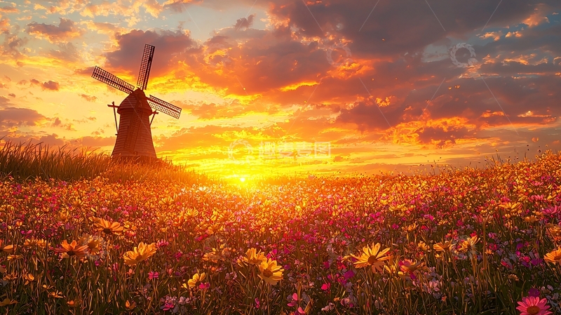 高清大图下载【趣麦麦图】夕阳下田园风车花海