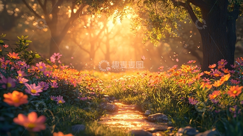 高清大图下载【趣麦麦图】阳光森林花海小溪