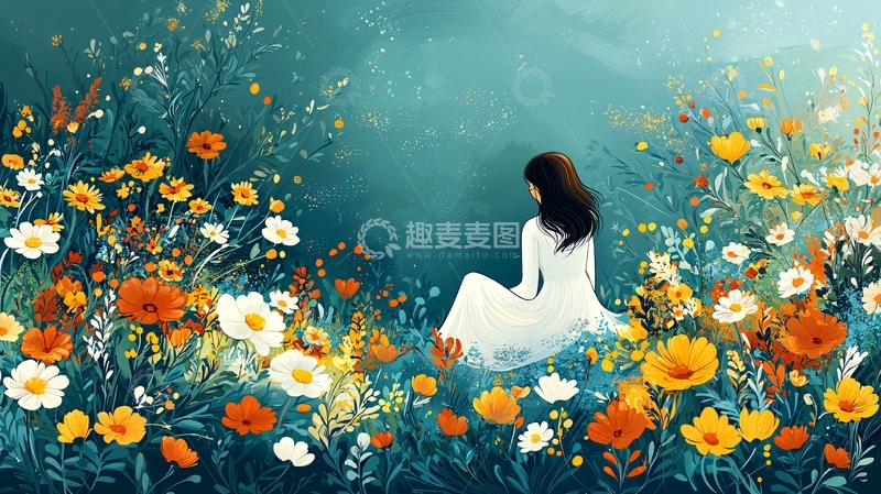 高清大图下载【趣麦麦图】唯美花海中白衣女子