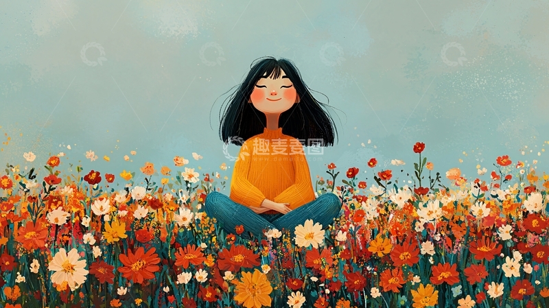 高清大图下载【趣麦麦图】女孩花田冥想