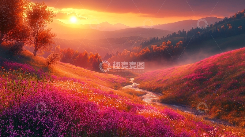高清大图下载【趣麦麦图】日出山峦花海溪流