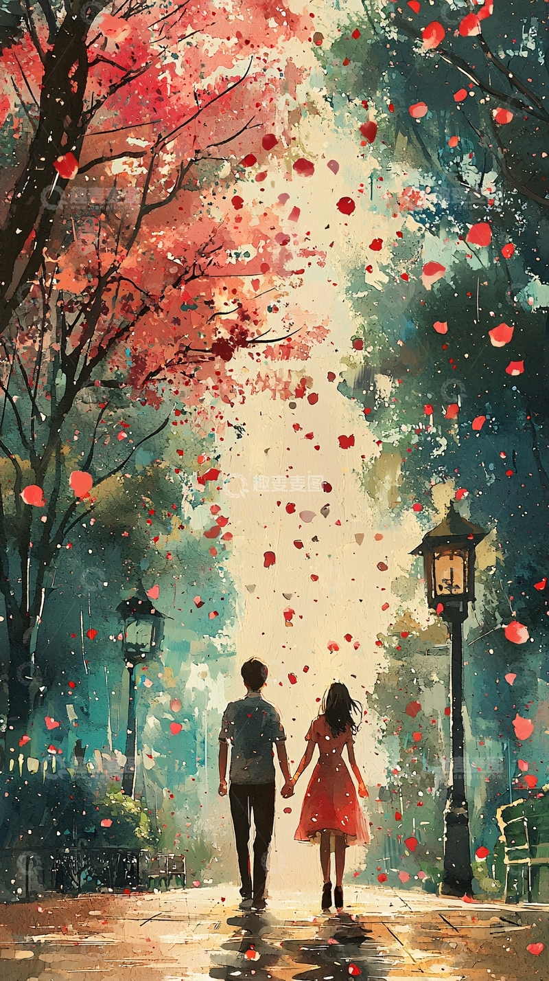 高清大图下载【趣麦麦图】情侣漫步樱花雨