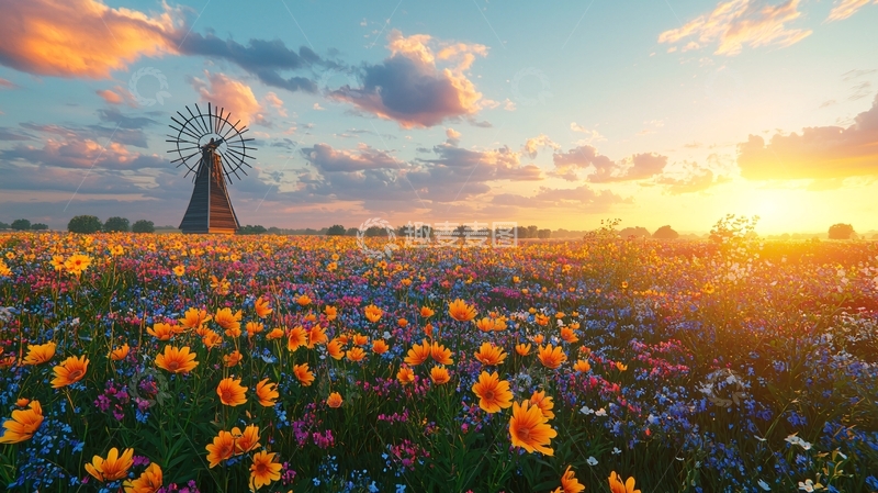 高清大图下载【趣麦麦图】夕阳下花海中的风车