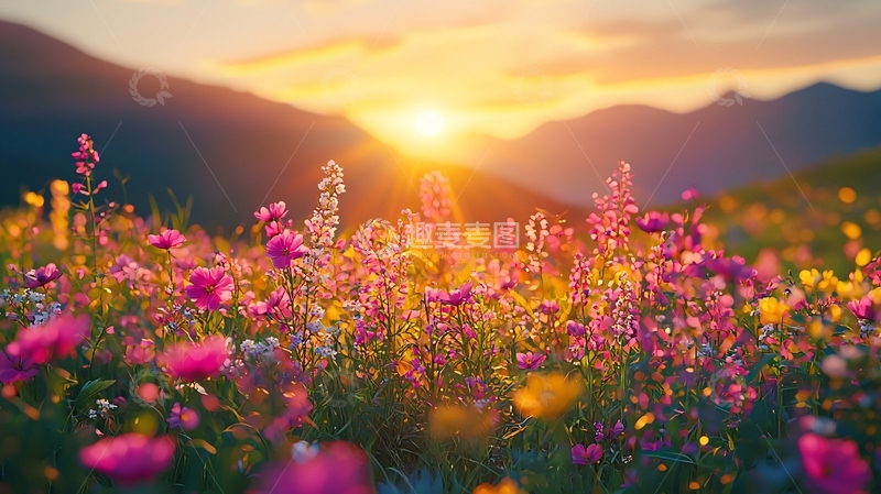 高清大图下载【趣麦麦图】日落花海山峦景色
