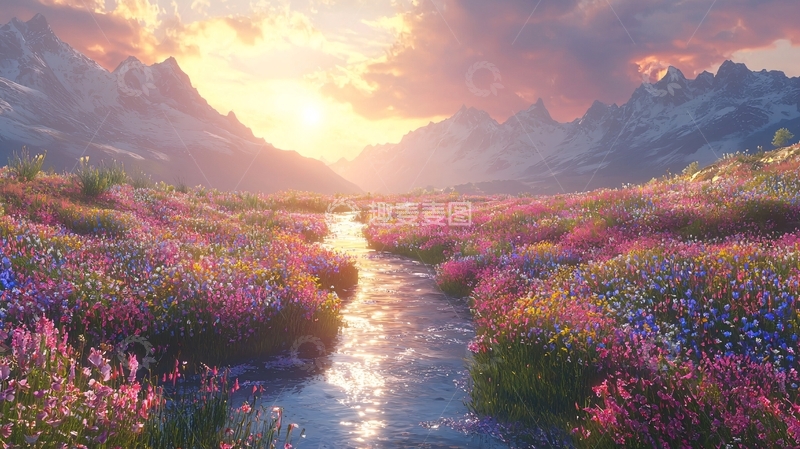高清大图下载【趣麦麦图】日出山川花海溪流