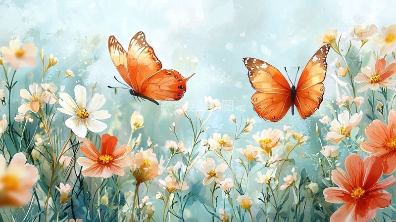 高清大图下载【趣麦麦图】橙色蝴蝶飞舞花海