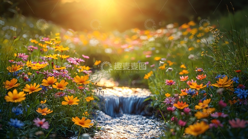高清大图下载【趣麦麦图】阳光洒在花田溪流