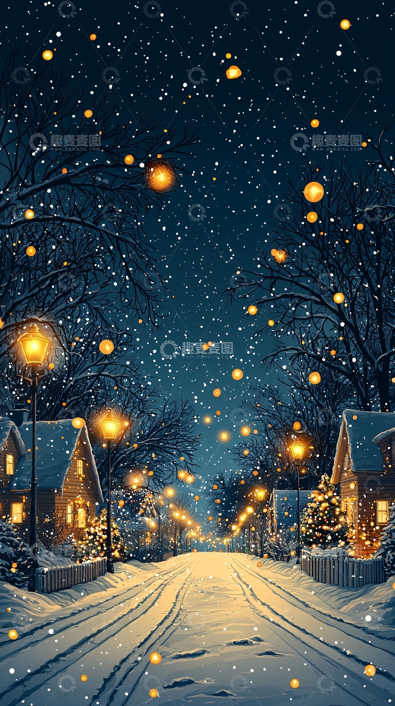 高清大图下载【趣麦麦图】冬夜雪景街道灯光
