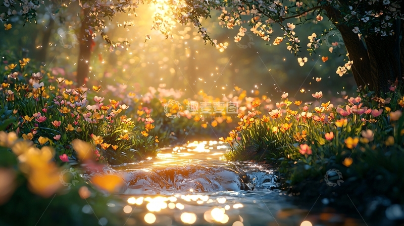 高清大图下载【趣麦麦图】阳光透过树林洒在花田溪流