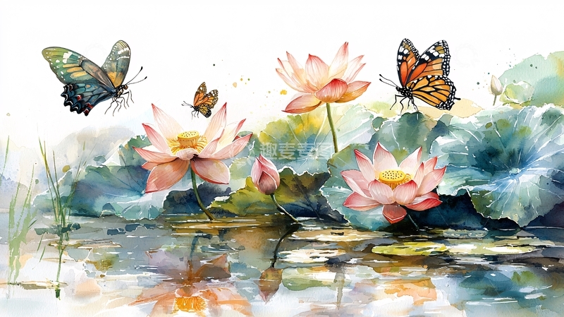 高清大图下载【趣麦麦图】水彩蝴蝶荷花