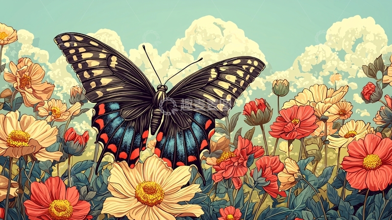 高清大图下载【趣麦麦图】蝴蝶停在花丛中