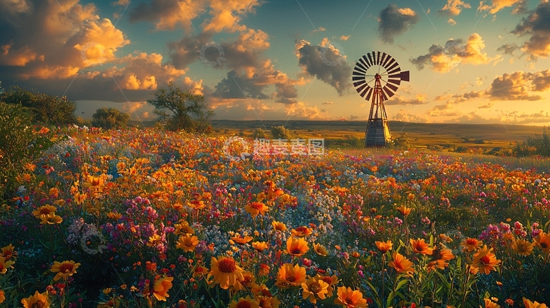 高清大图下载【趣麦麦图】日落风车野花田