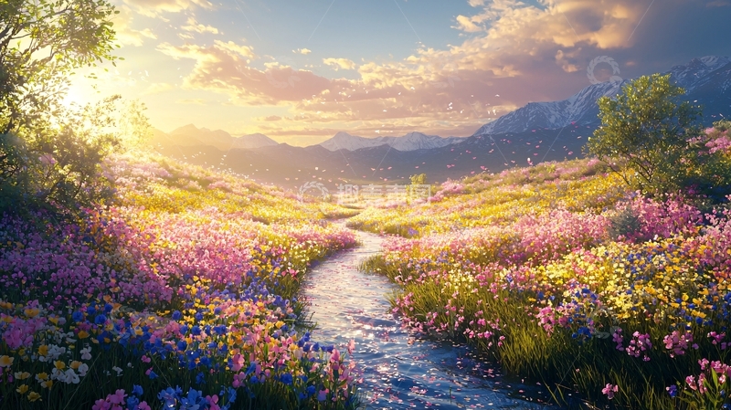 高清大图下载【趣麦麦图】阳光下的花海溪流