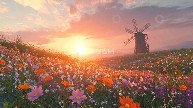 高清大图下载【趣麦麦图】日出花海风车田园风光