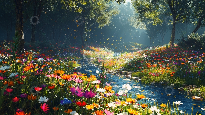 高清大图下载【趣麦麦图】阳光森林小溪鲜花