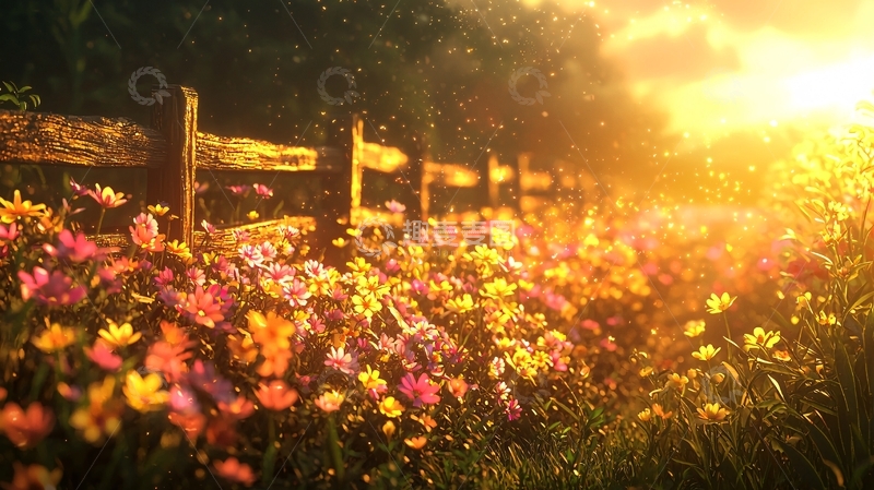 高清大图下载【趣麦麦图】夕阳下花海木栅栏