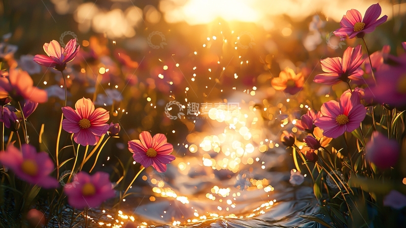 高清大图下载【趣麦麦图】夕阳下闪耀的宇宙花田