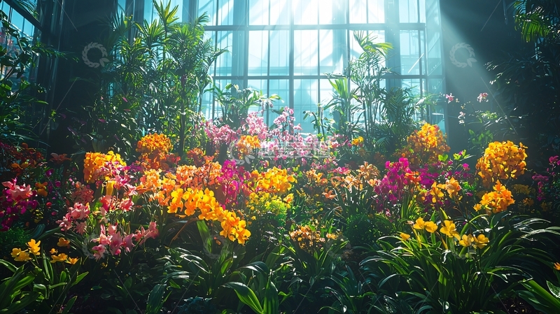 高清大图下载【趣麦麦图】阳光透过玻璃洒在花丛