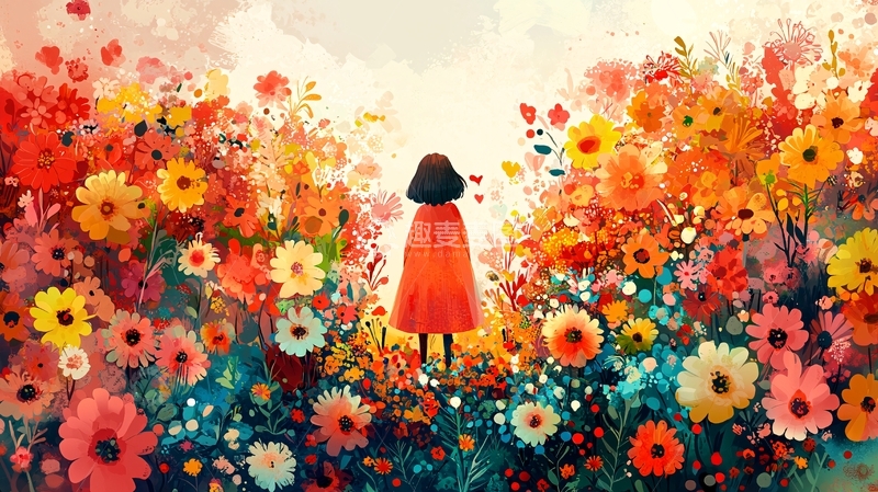 高清大图下载【趣麦麦图】红衣女孩花海