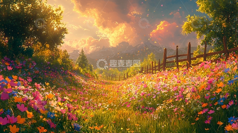 高清大图下载【趣麦麦图】夕阳下的彩色花田