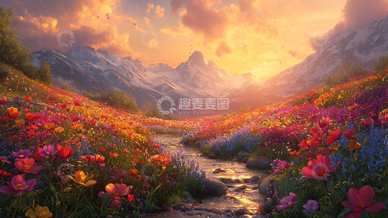 高清大图下载【趣麦麦图】日出雪山花海溪流