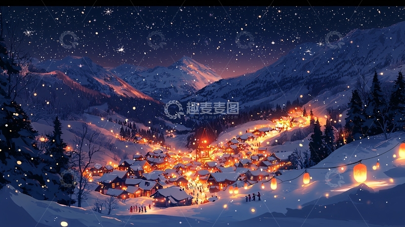 高清大图下载【趣麦麦图】雪夜山村