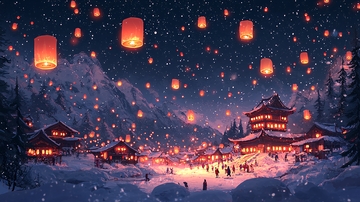 冬夜雪景祈福灯笼