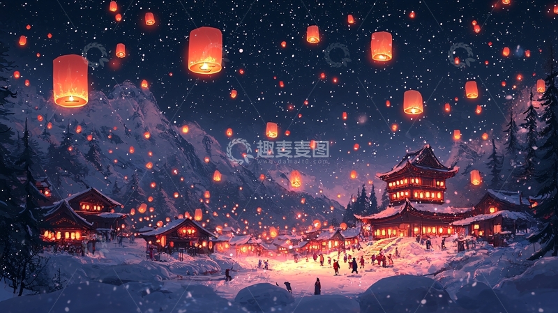 高清大图下载【趣麦麦图】冬夜雪景祈福灯笼