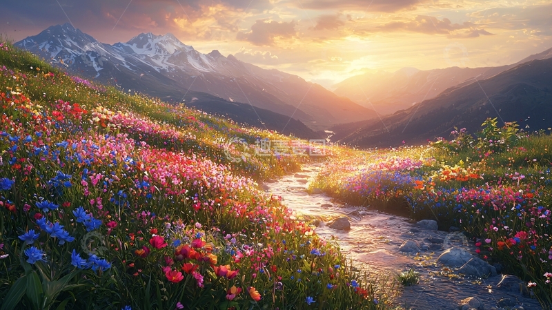 高清大图下载【趣麦麦图】山间溪流野花盛开