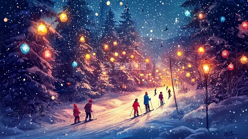 高清大图下载【趣麦麦图】雪夜森林灯光小路