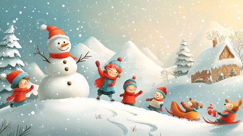 高清大图下载【趣麦麦图】雪地里玩耍的孩子们