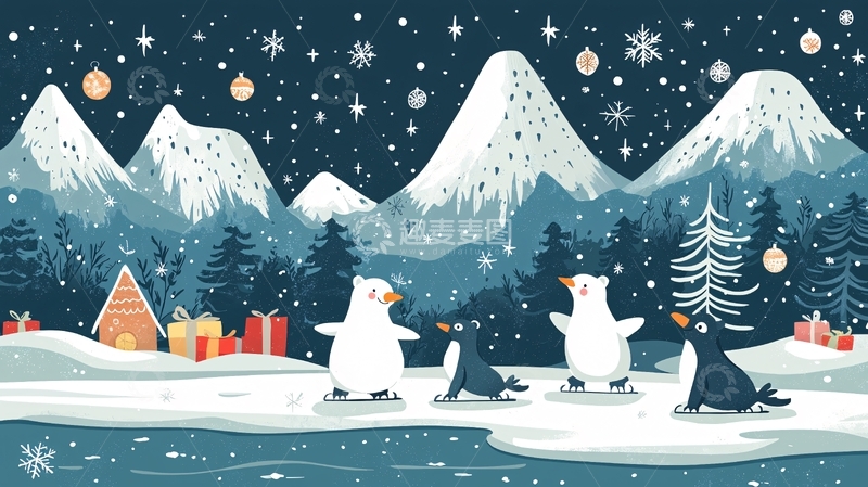 高清大图下载【趣麦麦图】圣诞节企鹅冰雪奇缘