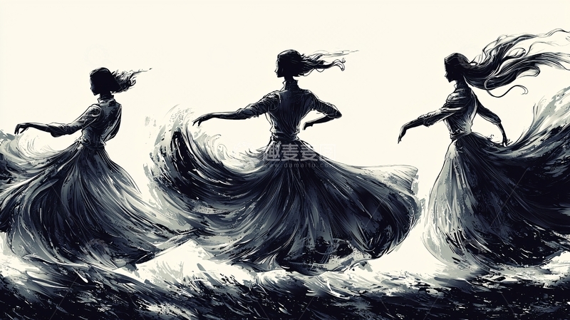 高清大图下载【趣麦麦图】黑白长裙女子旋转舞蹈