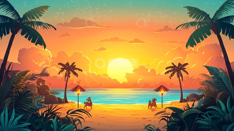 高清大图下载【趣麦麦图】热带海滩日落剪影