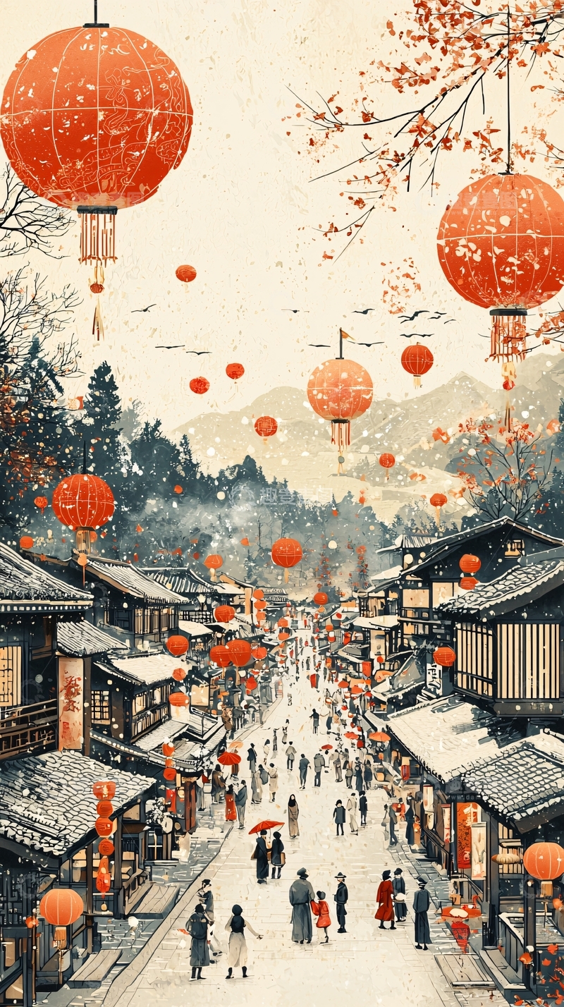 高清大图下载【趣麦麦图】冬日雪景古镇红灯笼