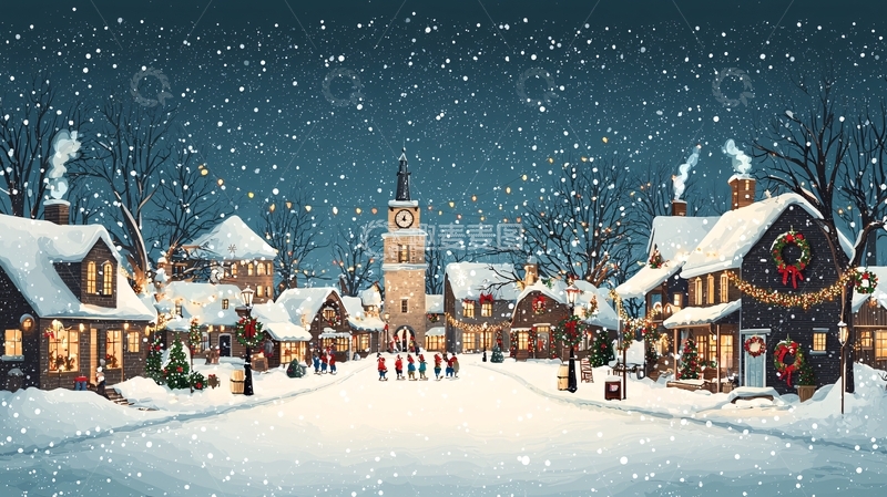 高清大图下载【趣麦麦图】冬夜雪景小镇