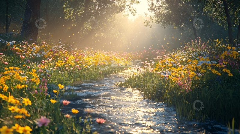 高清大图下载【趣麦麦图】阳光森林小溪花海