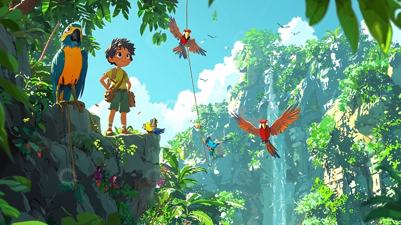 高清大图下载【趣麦麦图】热带雨林男孩与鹦鹉