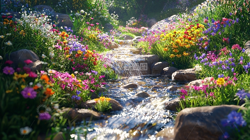 高清大图下载【趣麦麦图】溪流旁五彩缤纷的花园