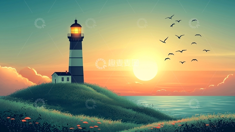 高清大图下载【趣麦麦图】日落时分灯塔海景图