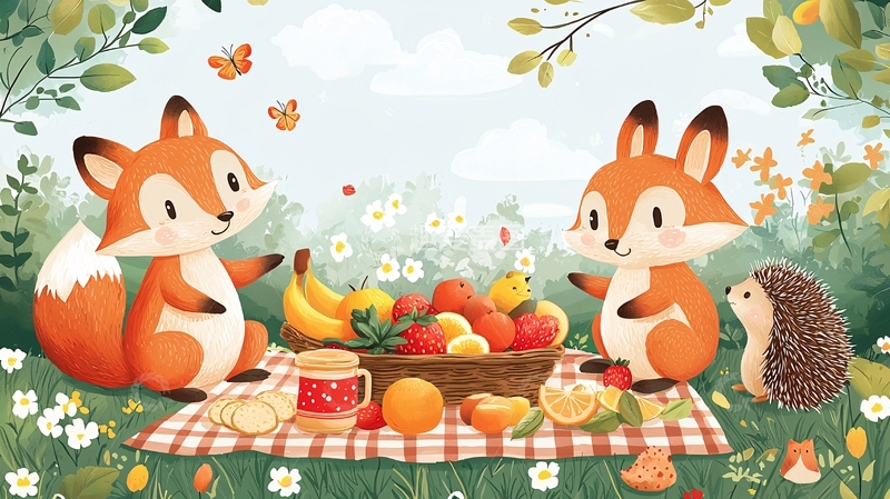 高清大图下载【趣麦麦图】两只狐狸和刺猬野餐
