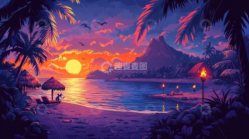 高清大图下载【趣麦麦图】热带海滩日落景色