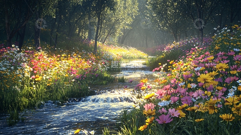 高清大图下载【趣麦麦图】阳光森林溪流鲜花