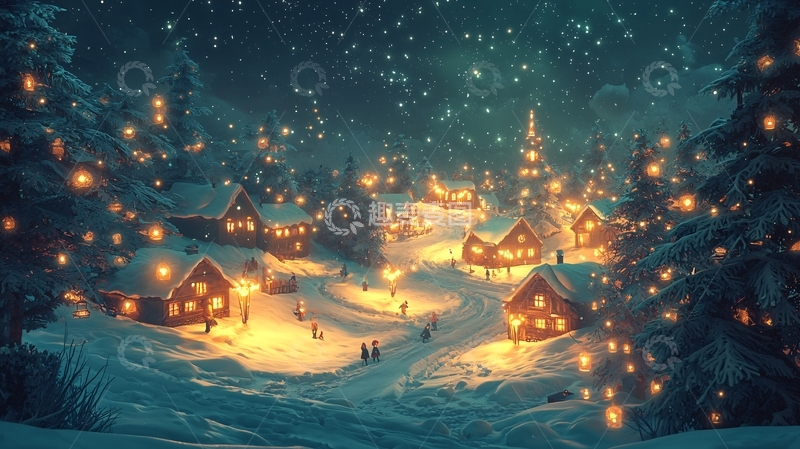 高清大图下载【趣麦麦图】冬夜雪景小镇