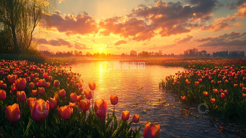 高清大图下载【趣麦麦图】日落余晖下的郁金香田