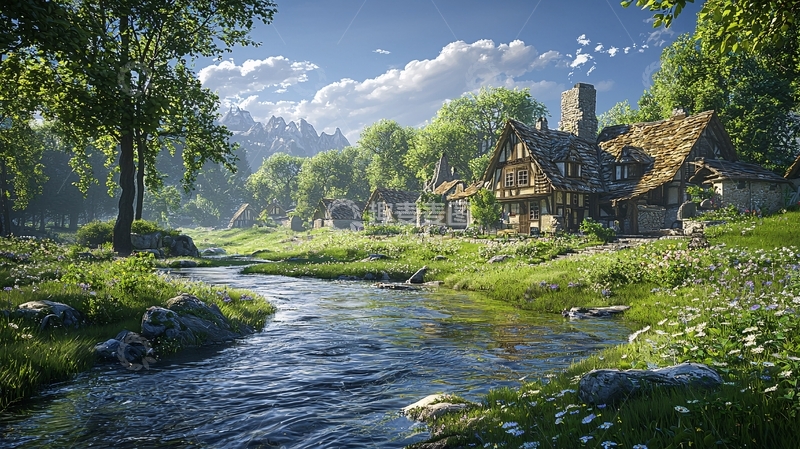 高清大图下载【趣麦麦图】山间溪流旁的乡村小屋