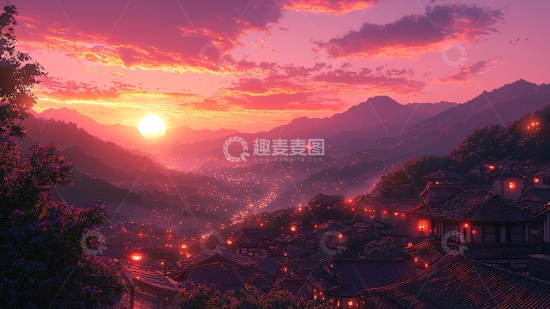 高清大图下载【趣麦麦图】唯美山村落日余晖