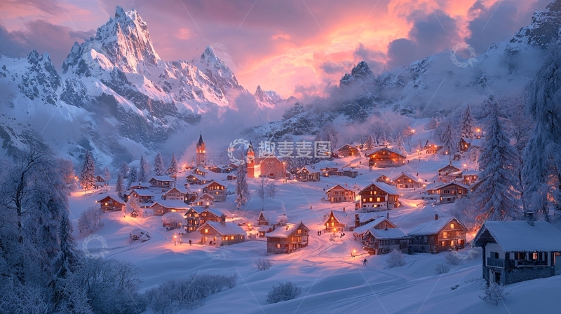高清大图下载【趣麦麦图】雪山下的童话小镇