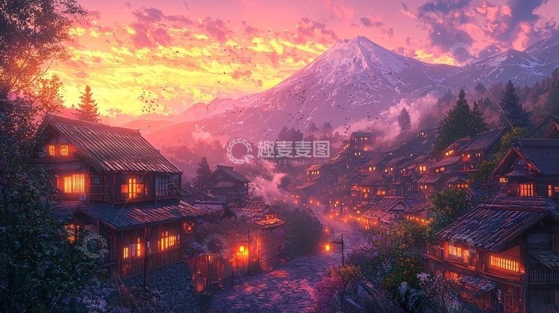 高清大图下载【趣麦麦图】傍晚山村夜景