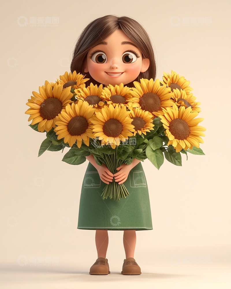 高清大图下载【趣麦麦图】可爱卡通女孩抱向日葵